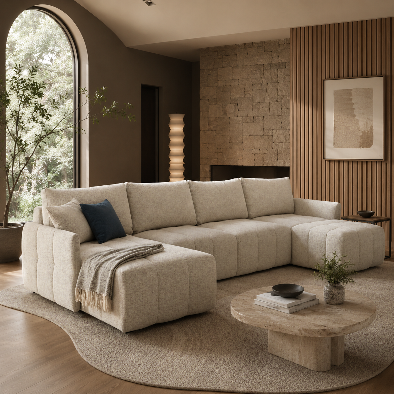 Canapé panoramique xxl en tissu beige crème