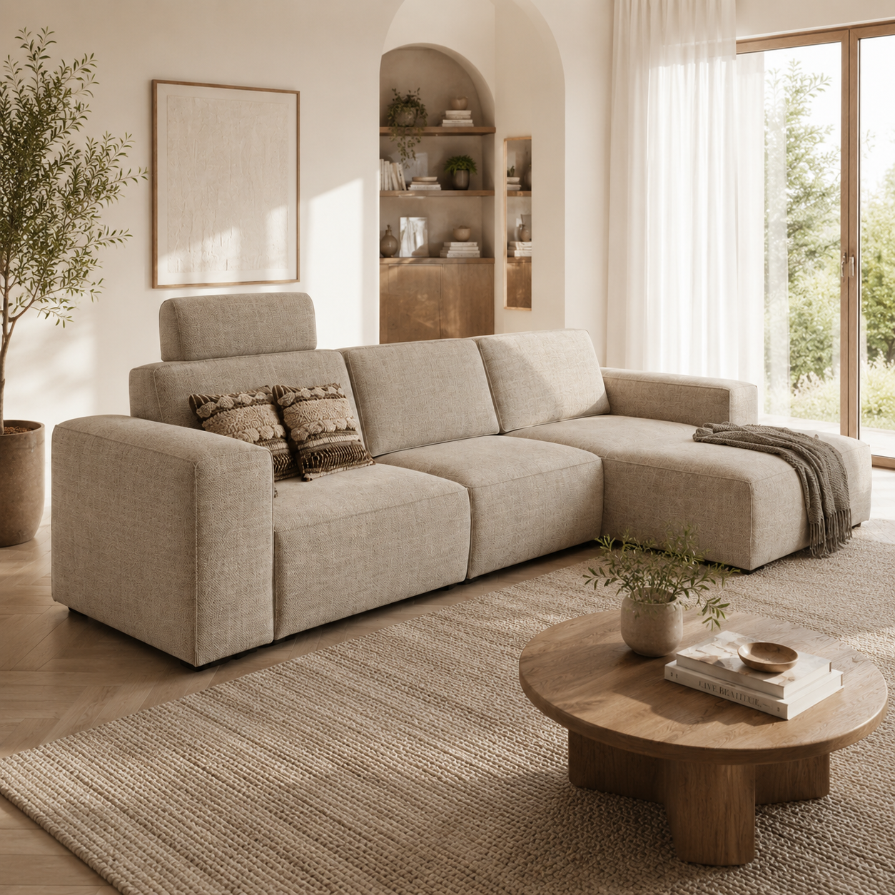 Canapé d'angle avec méridienne en tissu gris chiné