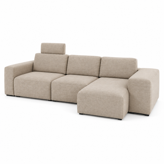Canapé d'angle avec méridienne en tissu beige chiné
