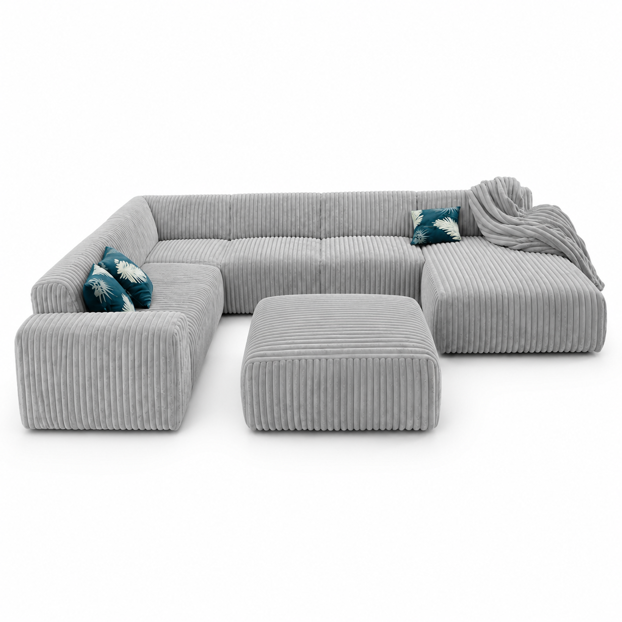 Canapé d'angle panoramique en velours côtelé gris avec pouf assorti
