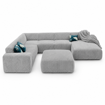 Canapé d'angle panoramique en velours côtelé gris avec pouf assorti
