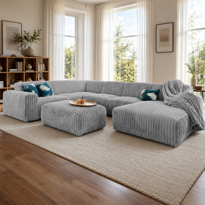 Canapé d'angle panoramique en velours côtelé gris avec pouf assorti