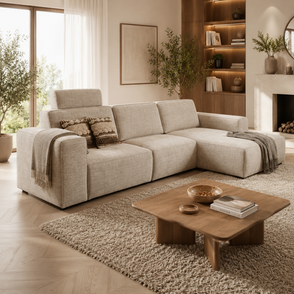 Canapé d'angle avec méridienne en tissu gris chiné