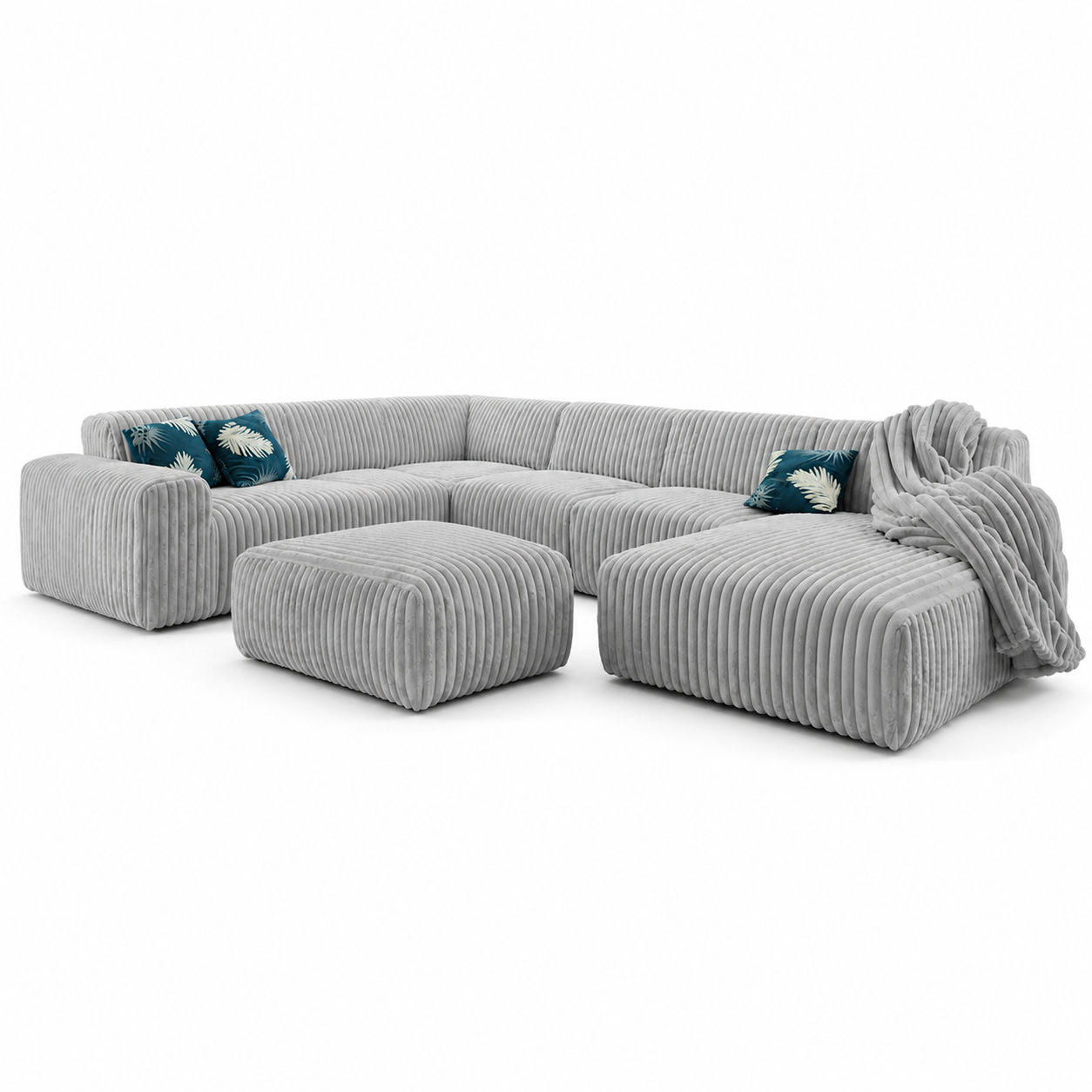 Canapé d'angle panoramique en velours côtelé gris avec pouf assorti
